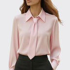 Jordyn - Women's Satin Tie-Front Blouse with Point Collar
