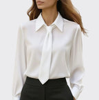 Jordyn - Women's Satin Tie-Front Blouse with Point Collar