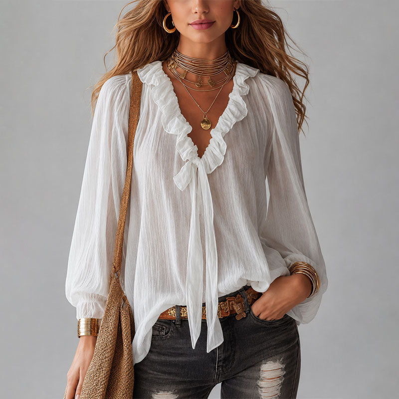 Kaliyah - Women's Ruffle Tie-Neck Blouse