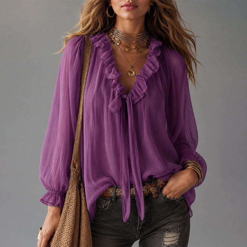 Kaliyah - Women's Ruffle Tie-Neck Blouse