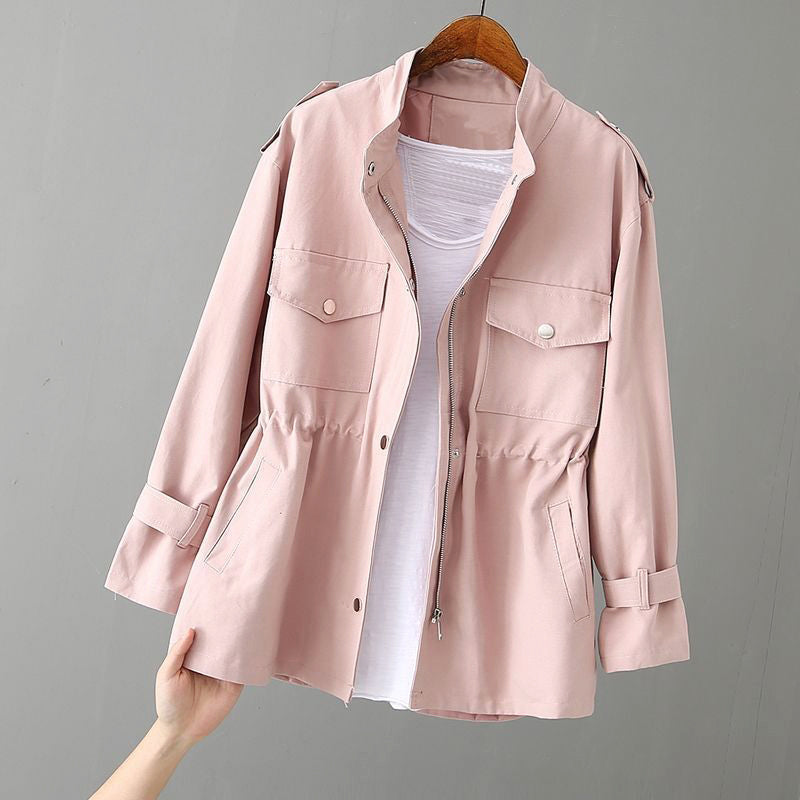Kassidy - Women's Stand Collar Utility Jacket with Gathered Waist