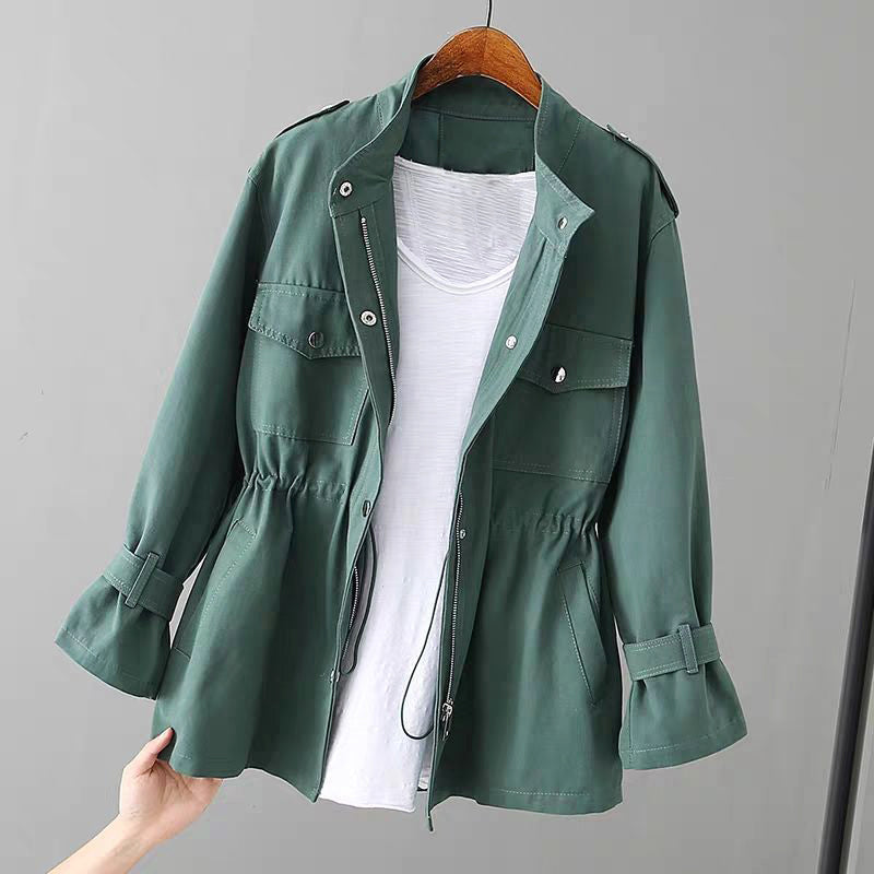 Kassidy - Women's Stand Collar Utility Jacket with Gathered Waist