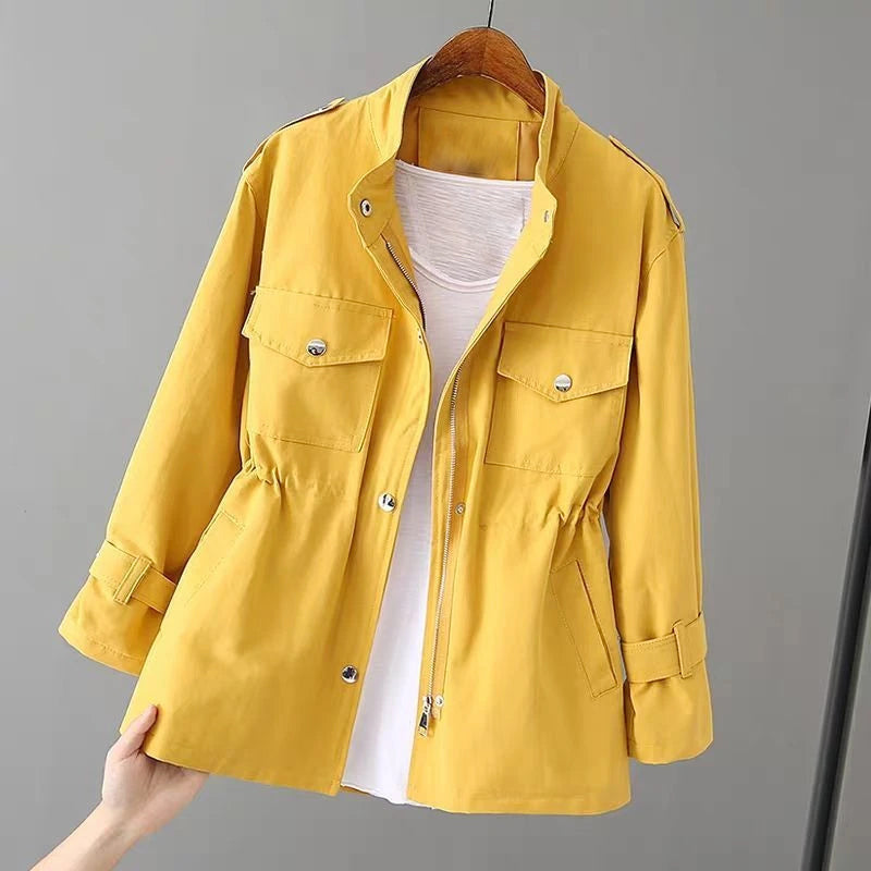 Kassidy - Women's Stand Collar Utility Jacket with Gathered Waist
