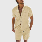 Kevin - Men's Ribbed Texture Button-Up Shirt & Drawstring Shorts Set