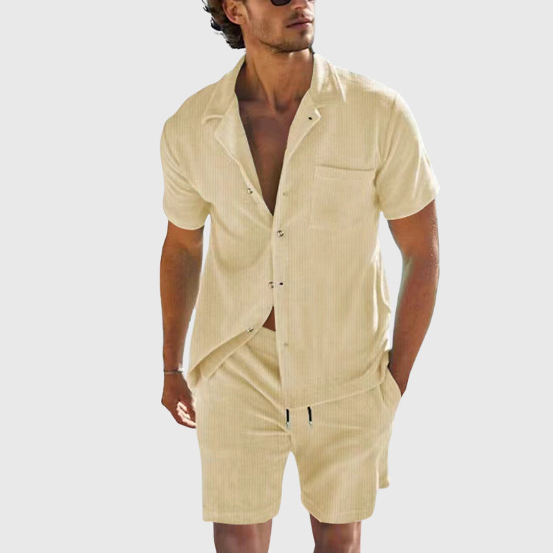 Kevin - Men's Ribbed Texture Button-Up Shirt & Drawstring Shorts Set