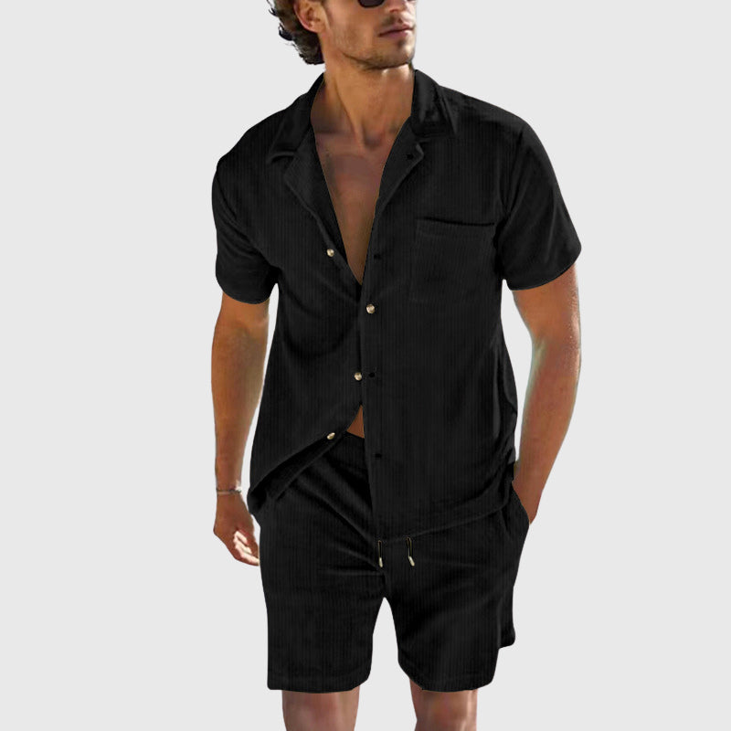 Kevin - Men's Ribbed Texture Button-Up Shirt & Drawstring Shorts Set