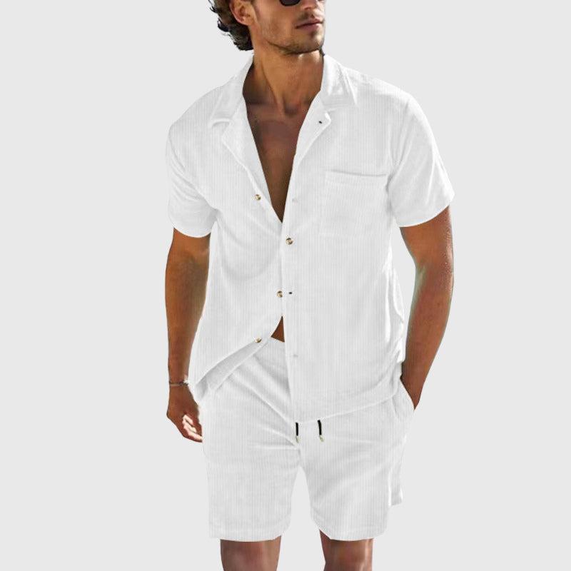 Kevin - Men's Ribbed Texture Button-Up Shirt & Drawstring Shorts Set