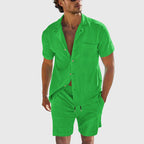 Kevin - Men's Ribbed Texture Button-Up Shirt & Drawstring Shorts Set