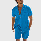 Kevin - Men's Ribbed Texture Button-Up Shirt & Drawstring Shorts Set
