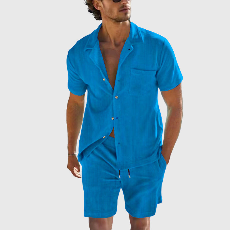 Kevin - Men's Ribbed Texture Button-Up Shirt & Drawstring Shorts Set