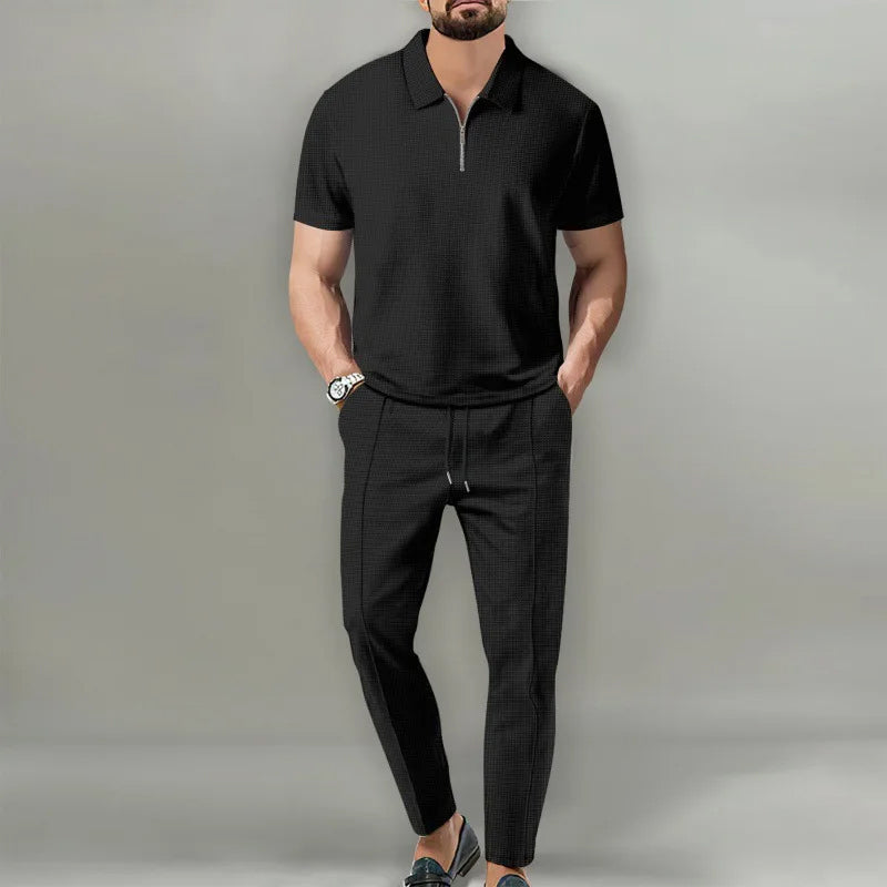 Kian - Men's Textured Quarter-Zip Polo and Tapered Pants Set