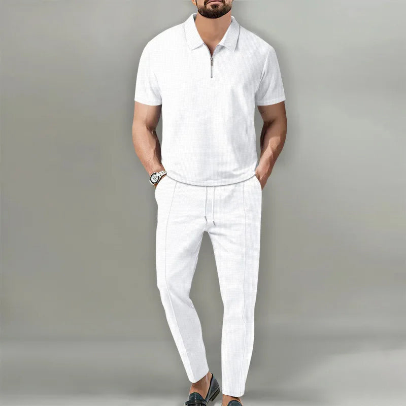 Kian - Men's Textured Quarter-Zip Polo and Tapered Pants Set