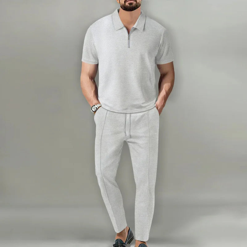 Kian - Men's Textured Quarter-Zip Polo and Tapered Pants Set