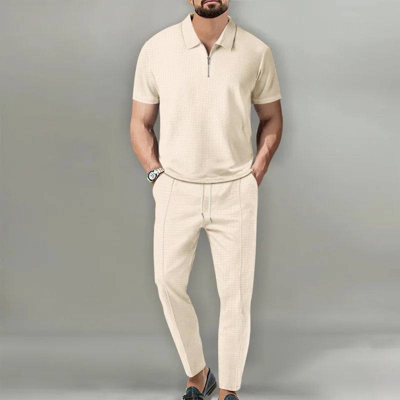 Kian - Men's Textured Quarter-Zip Polo and Tapered Pants Set