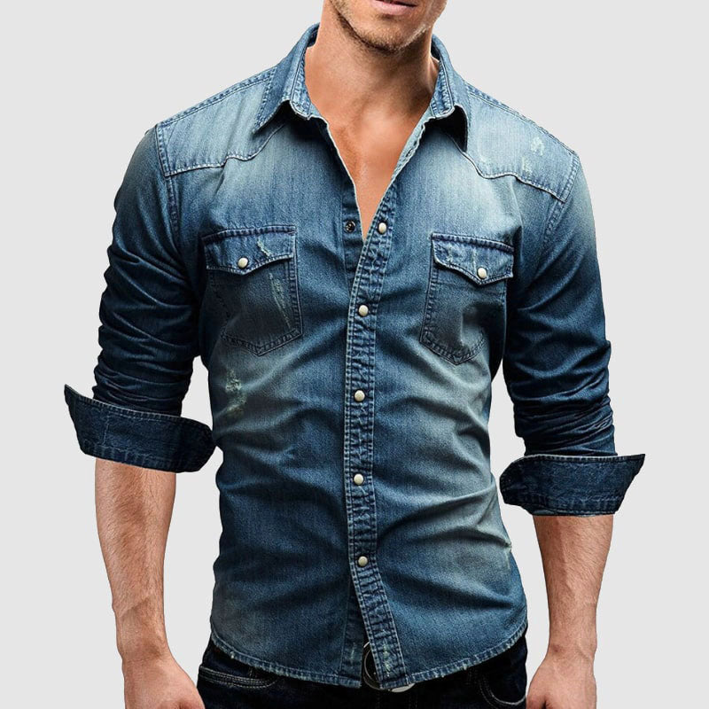 Killian - Men's Snap-Button Denim Shirt with Chest Flap Pockets