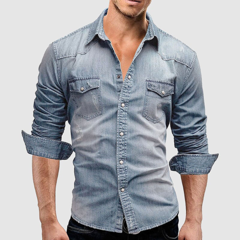 Killian - Men's Snap-Button Denim Shirt with Chest Flap Pockets