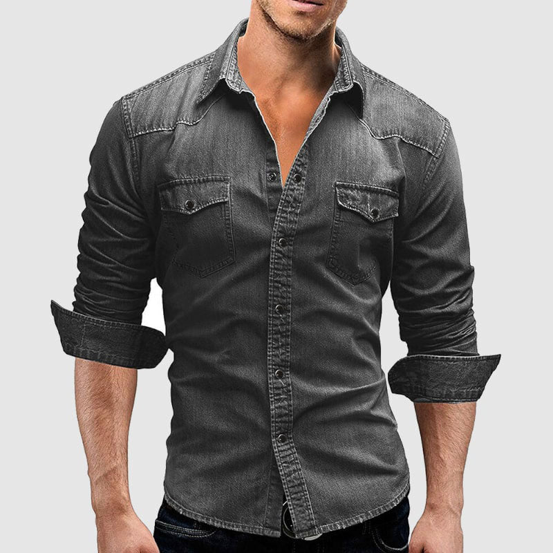 Killian - Men's Snap-Button Denim Shirt with Chest Flap Pockets