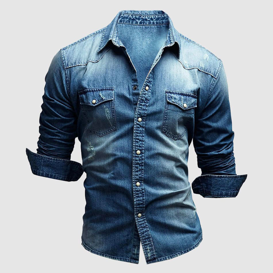 Killian - Men's Snap-Button Denim Shirt with Chest Flap Pockets
