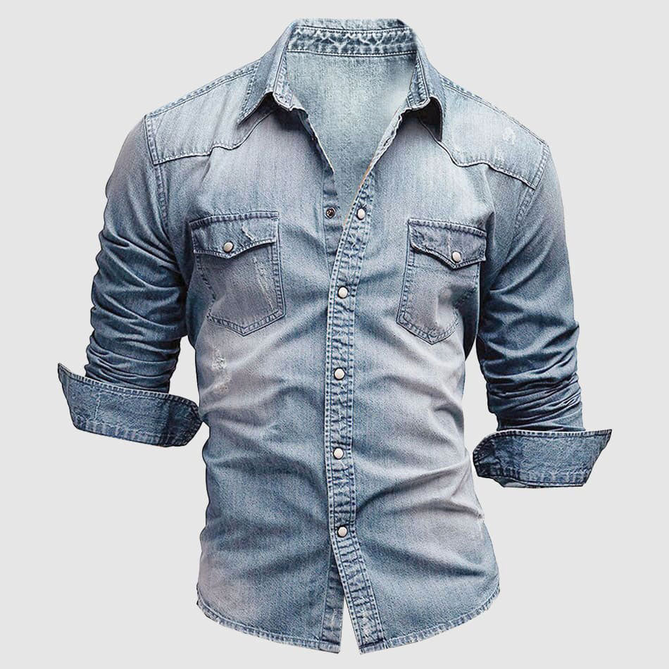 Killian - Men's Snap-Button Denim Shirt with Chest Flap Pockets