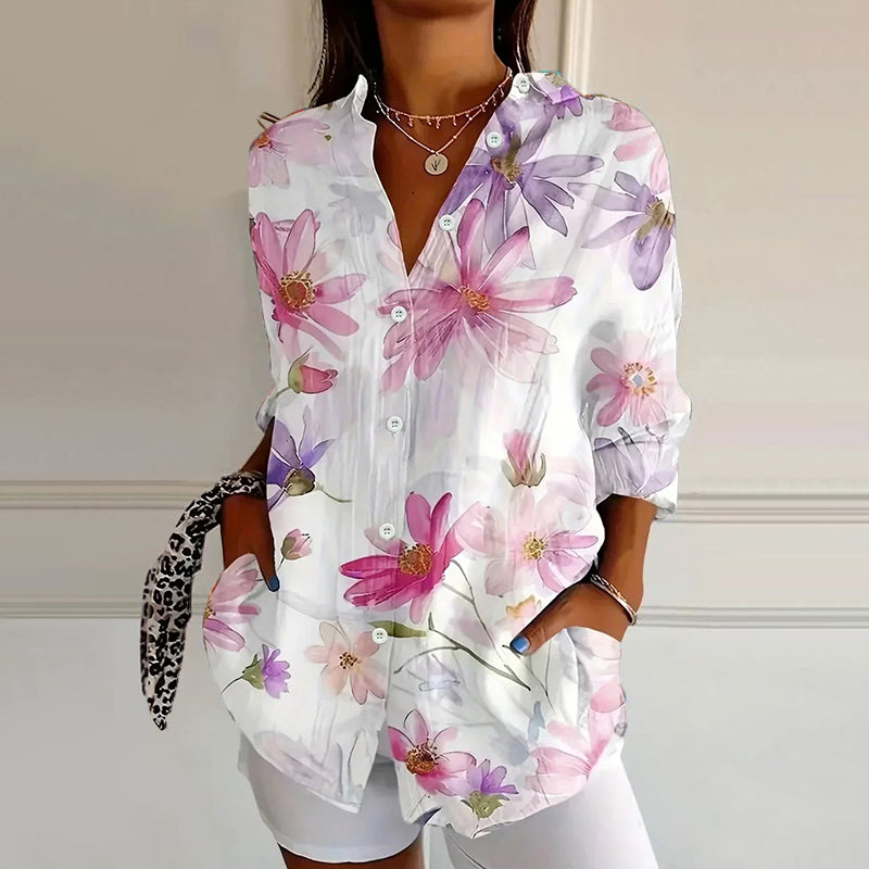 Kora - Women's Button-Front Floral Print Blouse