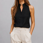 Leah - Women's Mandarin Collar Sleeveless Blouse