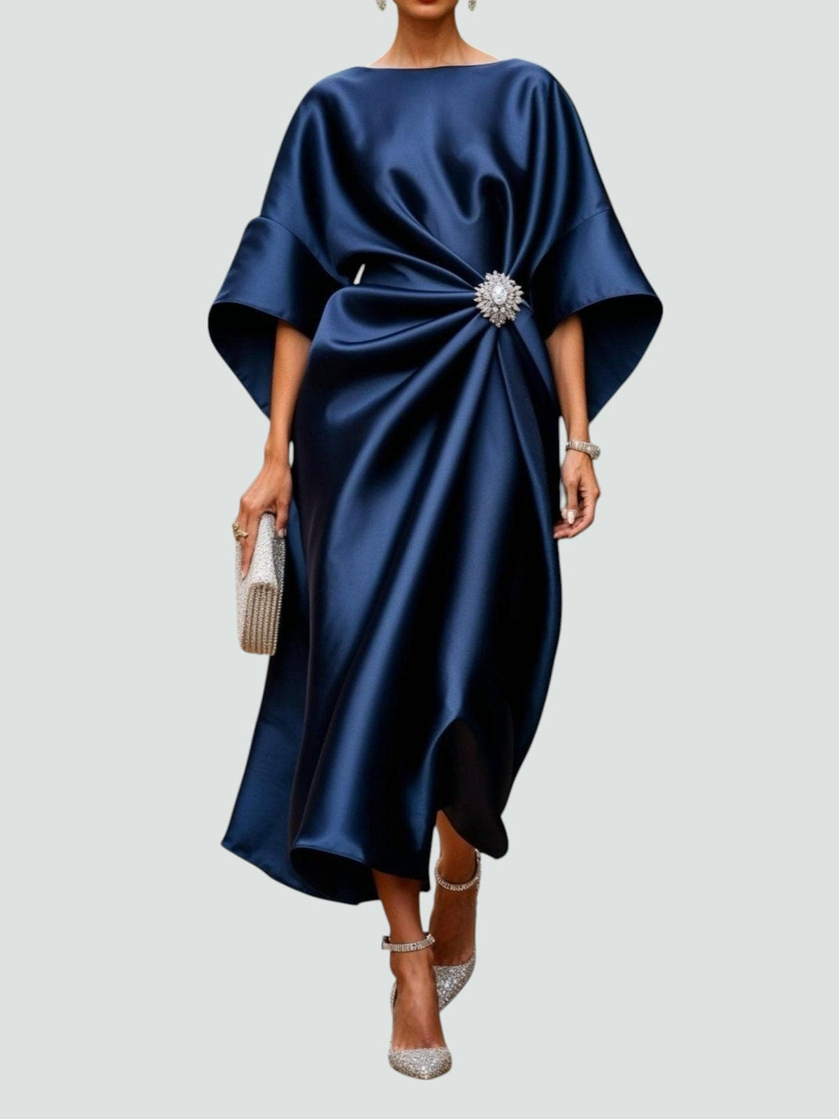 Leilani - Women's Draped Satin Dress with Jewelled Brooch