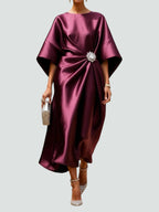 Leilani - Women's Draped Satin Dress with Jewelled Brooch