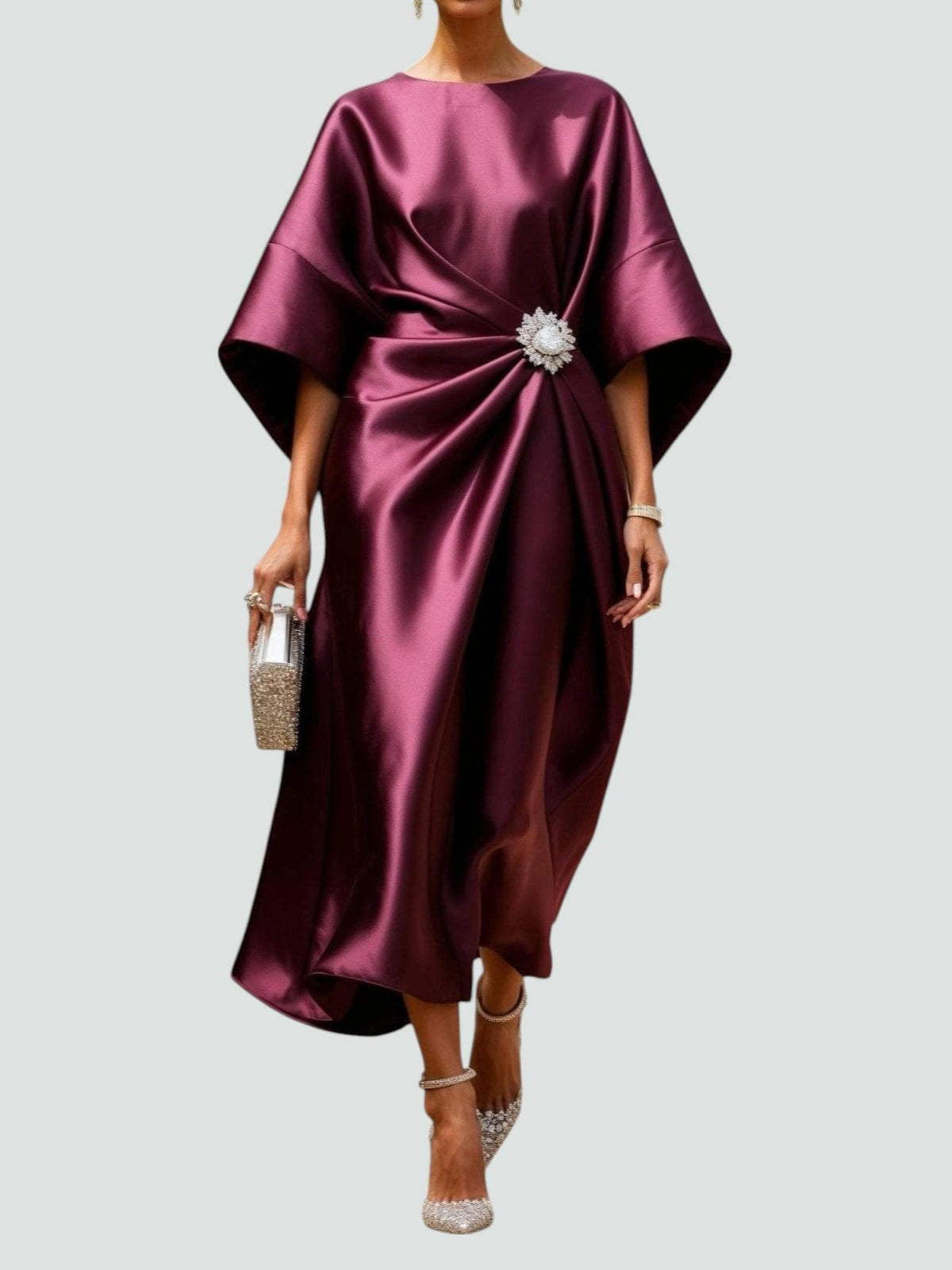 Leilani - Women's Draped Satin Dress with Jewelled Brooch
