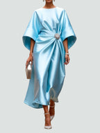 Leilani - Women's Draped Satin Dress with Jewelled Brooch