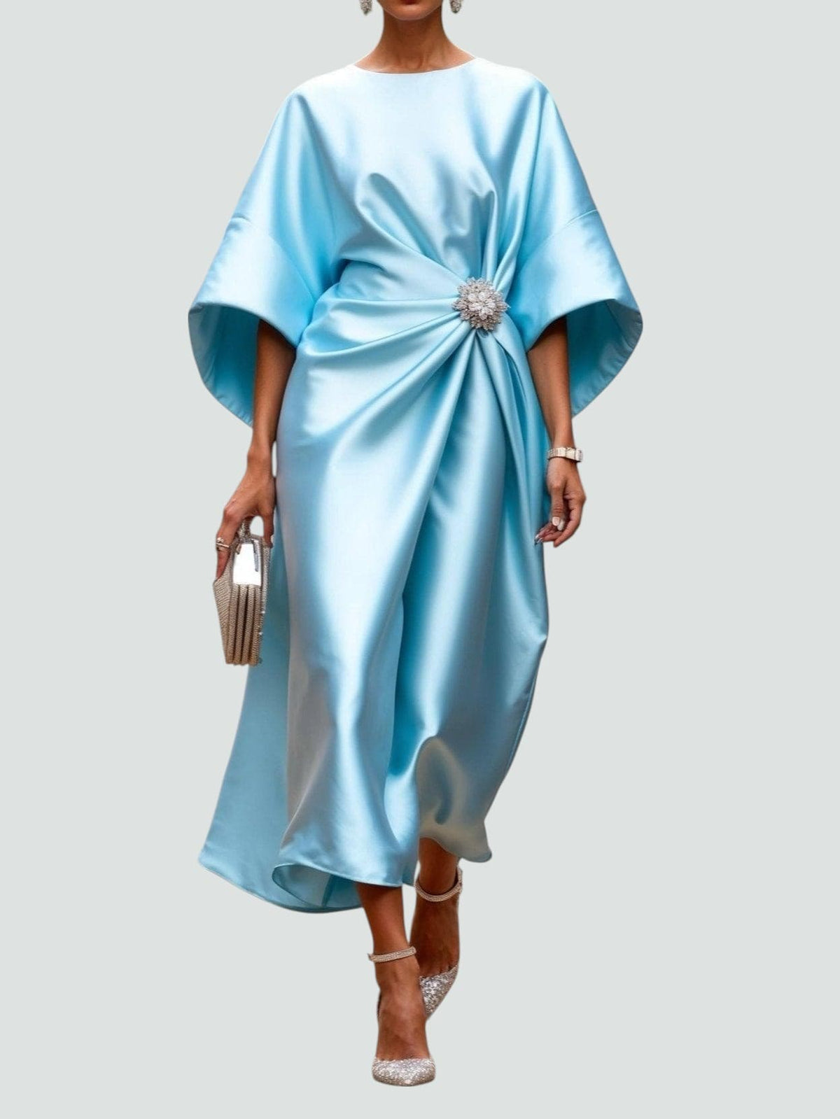 Leilani - Women's Draped Satin Dress with Jewelled Brooch