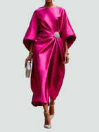 Leilani - Women's Draped Satin Dress with Jewelled Brooch