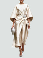 Leilani - Women's Draped Satin Dress with Jewelled Brooch