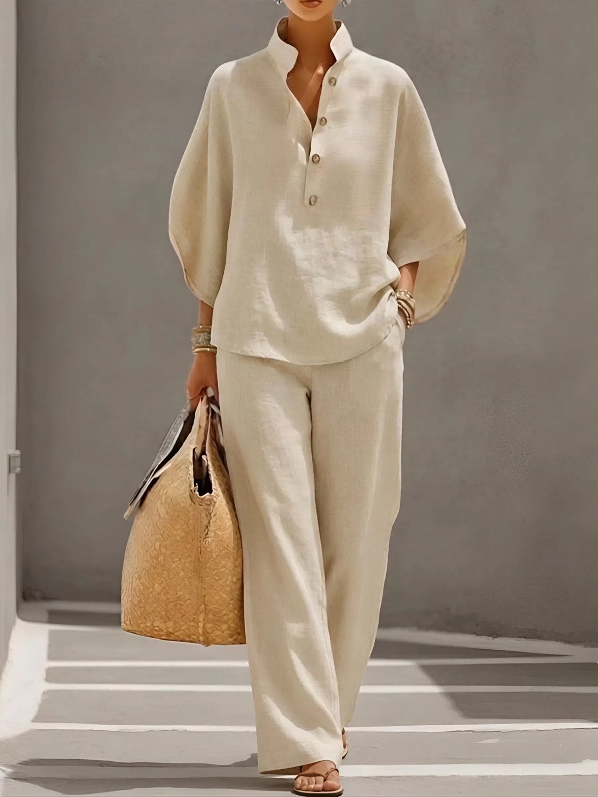 Lena - Women's Button-Front Collared Top and Wide-Leg Trousers Set