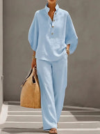 Lena - Women's Button-Front Collared Top and Wide-Leg Trousers Set