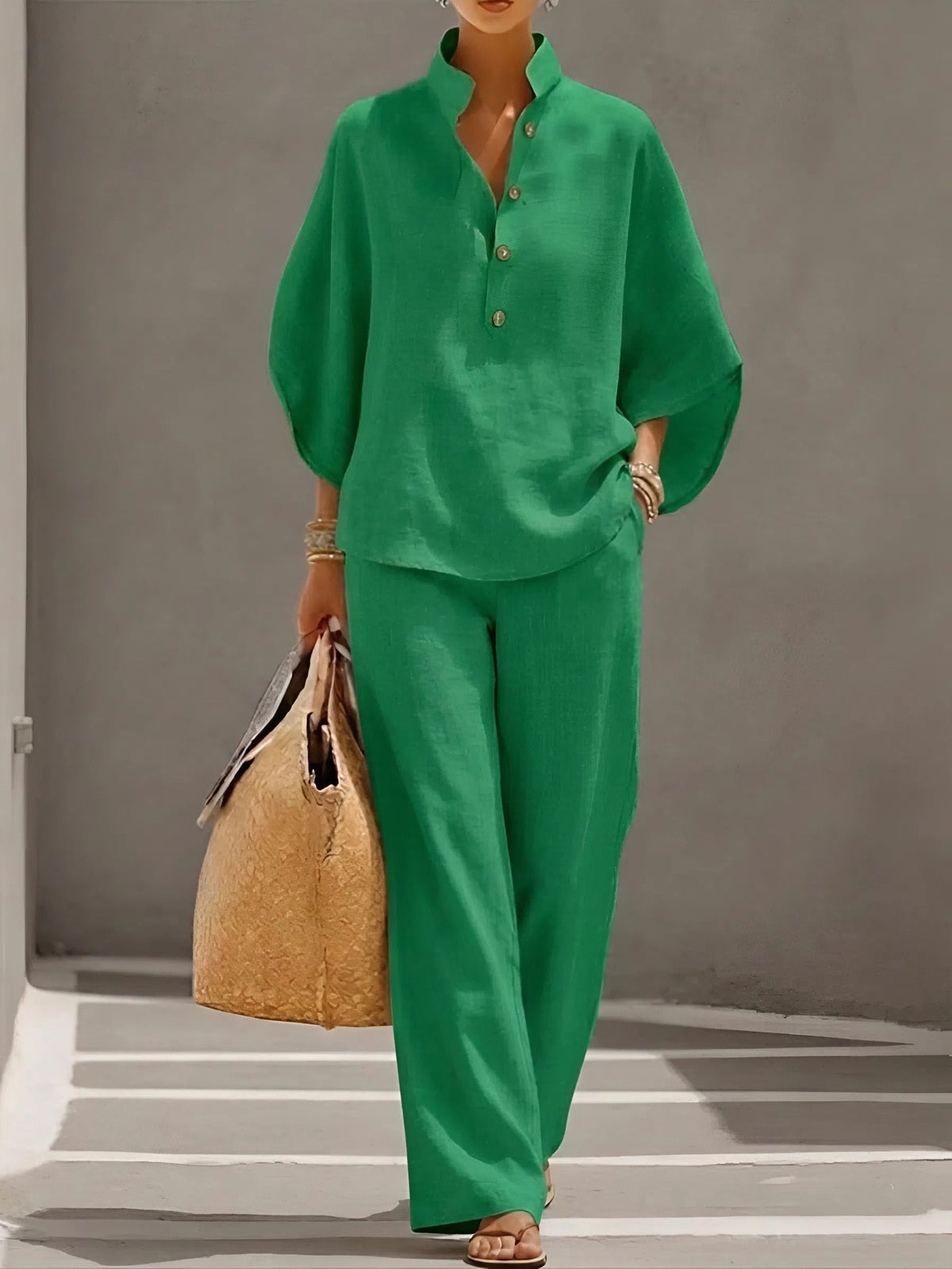Lena - Women's Button-Front Collared Top and Wide-Leg Trousers Set