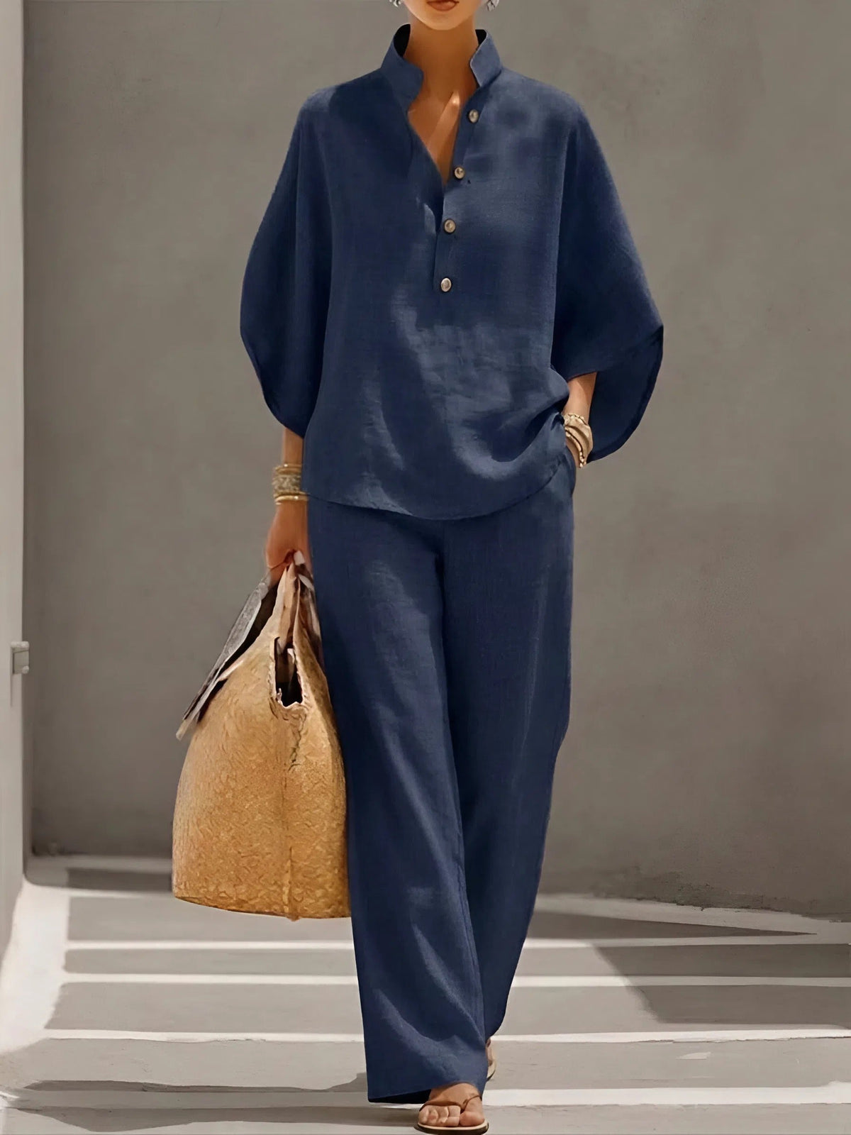 Lena - Women's Button-Front Collared Top and Wide-Leg Trousers Set