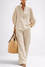 Lena - Women's Button-Front Collared Top and Wide-Leg Trousers Set