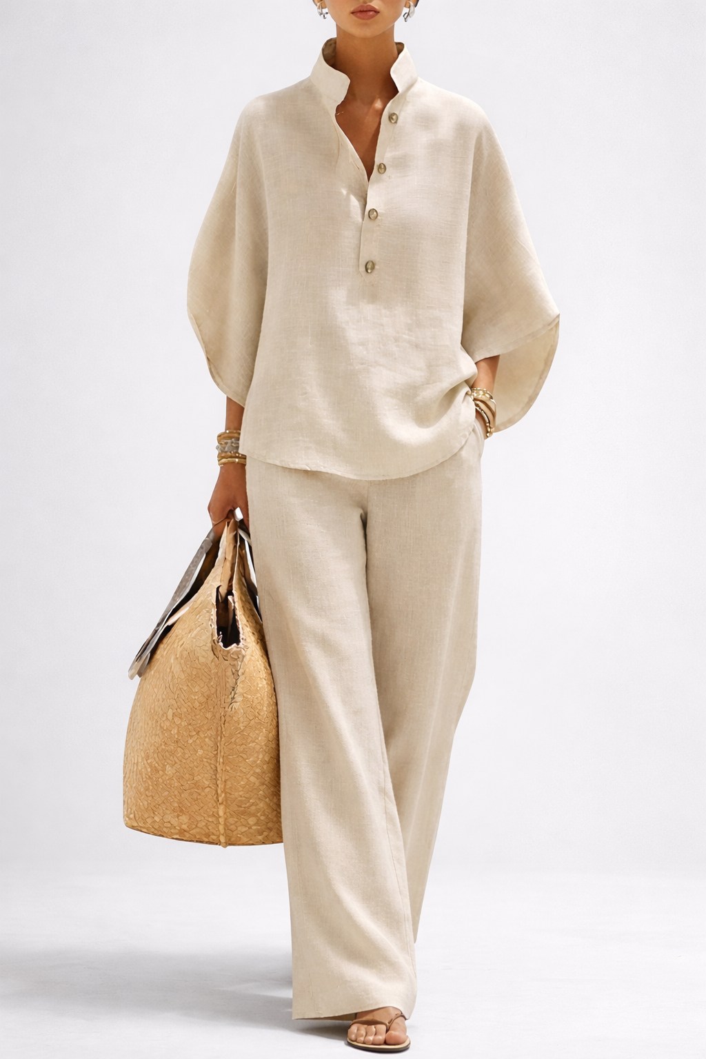 Lena - Women's Button-Front Collared Top and Wide-Leg Trousers Set