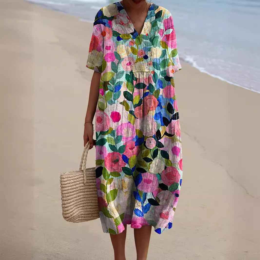 Lena - Women's Floral V-Neck Dress with Subtle Ruching