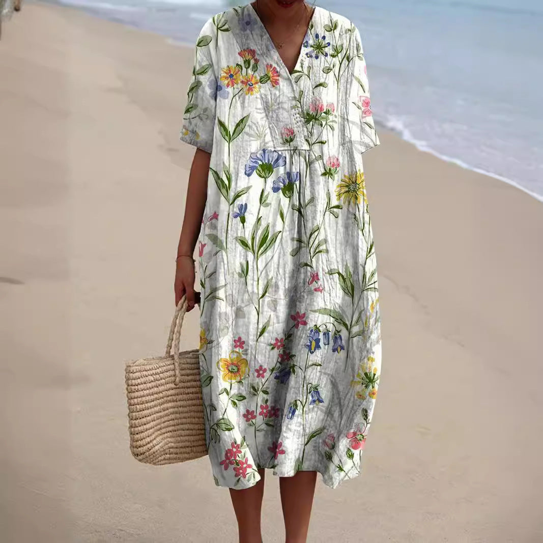 Lena - Women's Floral V-Neck Dress with Subtle Ruching