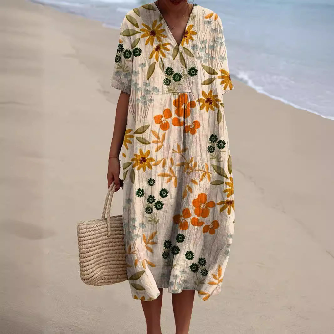 Lena - Women's Floral V-Neck Dress with Subtle Ruching