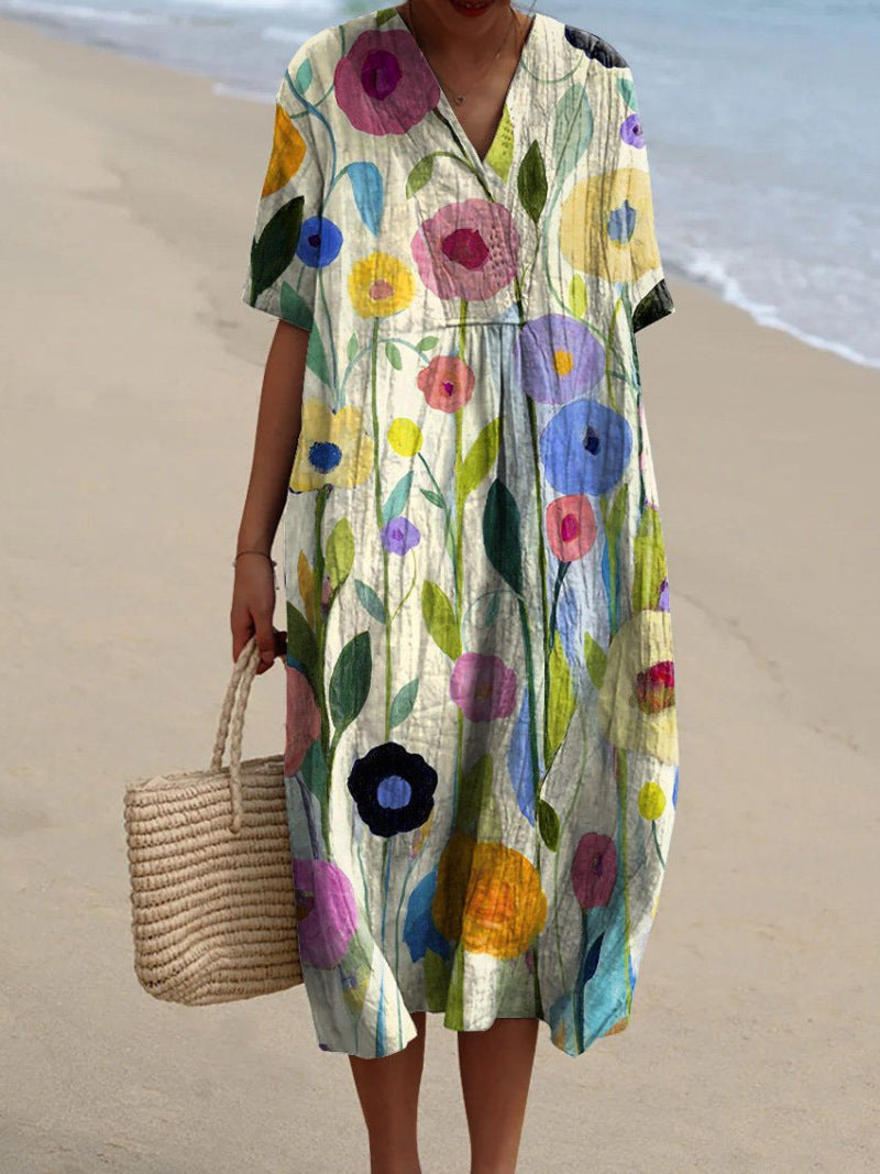 Lena - Women's Floral V-Neck Dress with Subtle Ruching