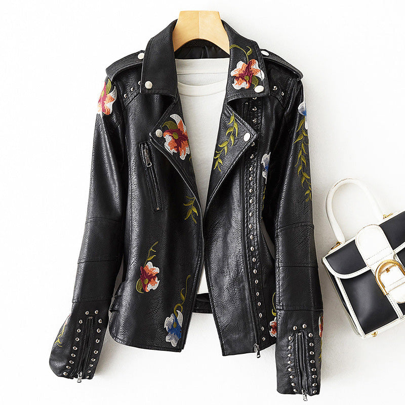 Lenore - Women's Studded Embroidered Moto Jacket