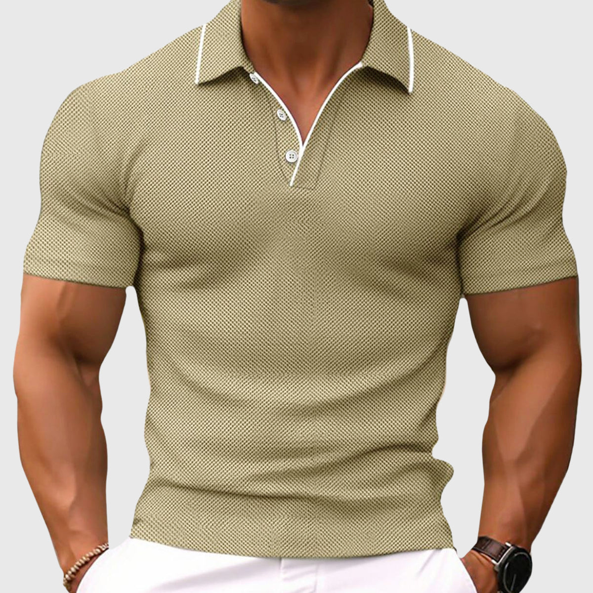 Leonel - Men's Textured Polo Shirt with Contrast Collar Trim