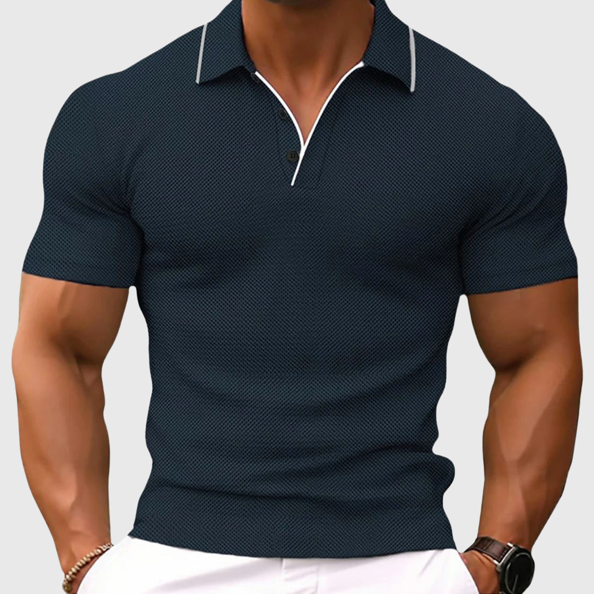 Leonel - Men's Textured Polo Shirt with Contrast Collar Trim