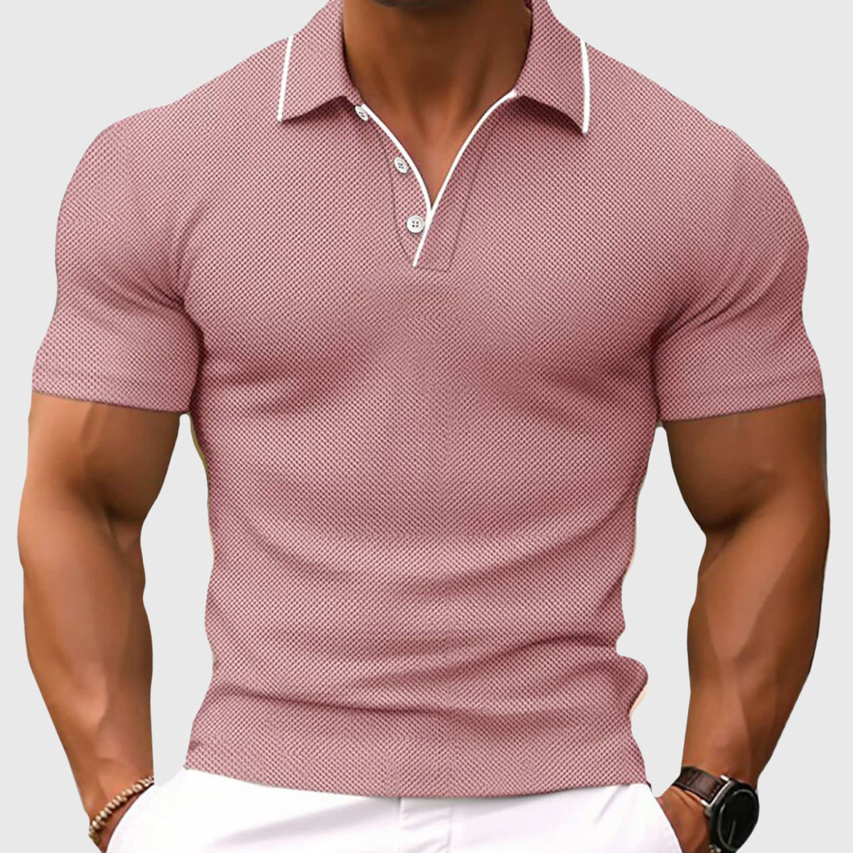 Leonel - Men's Textured Polo Shirt with Contrast Collar Trim