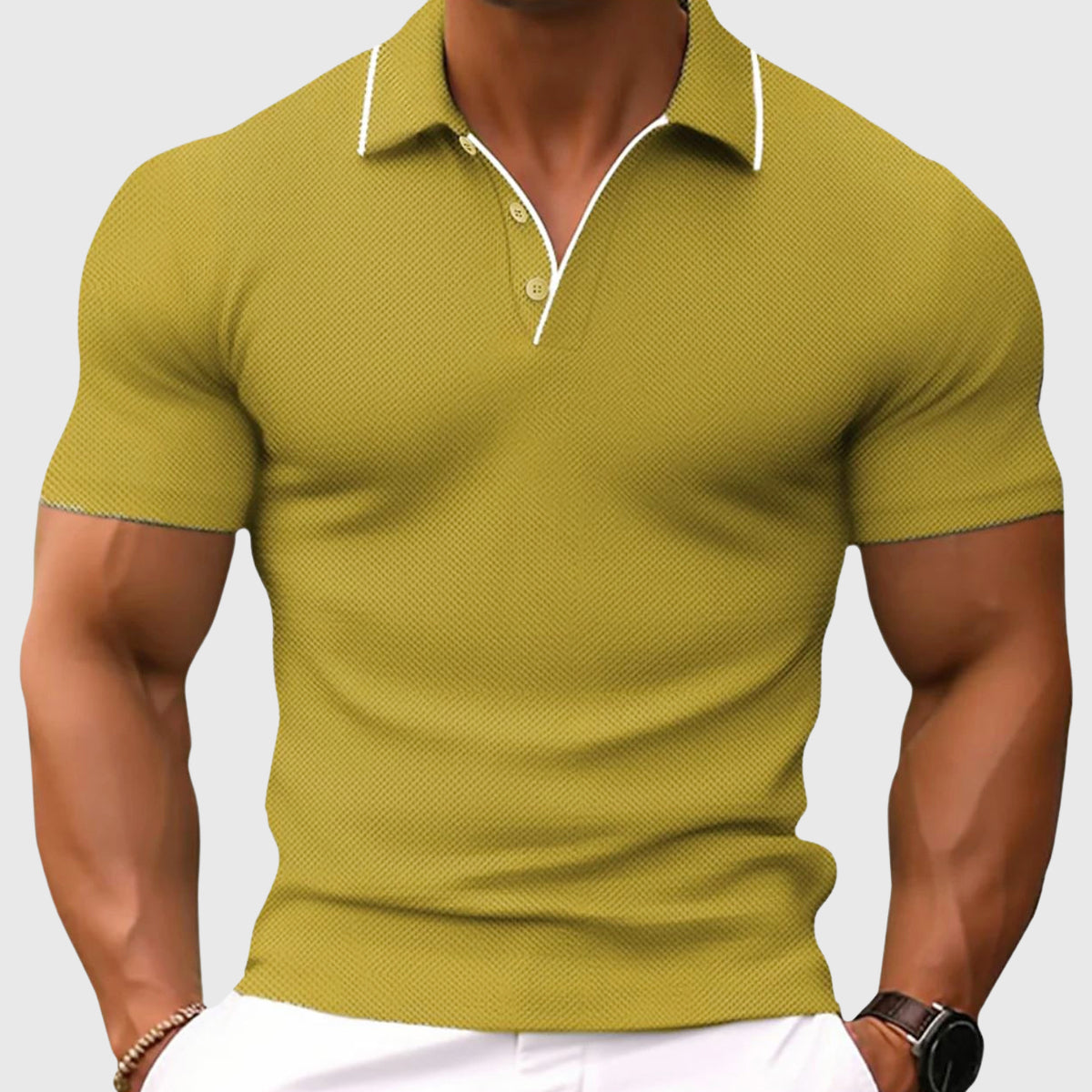 Leonel - Men's Textured Polo Shirt with Contrast Collar Trim