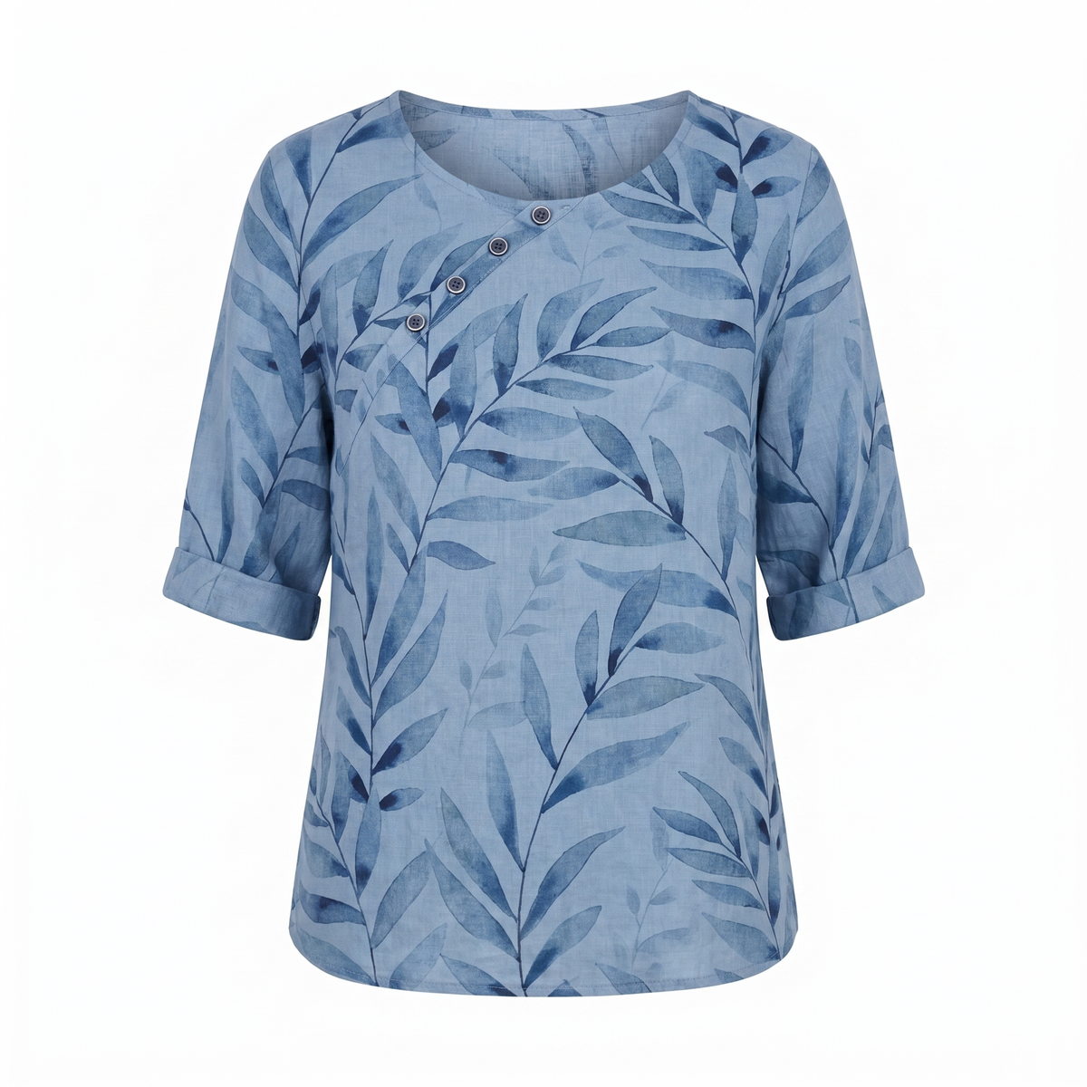 Liora - Women's Leaf-Print Blouse with Button Placket