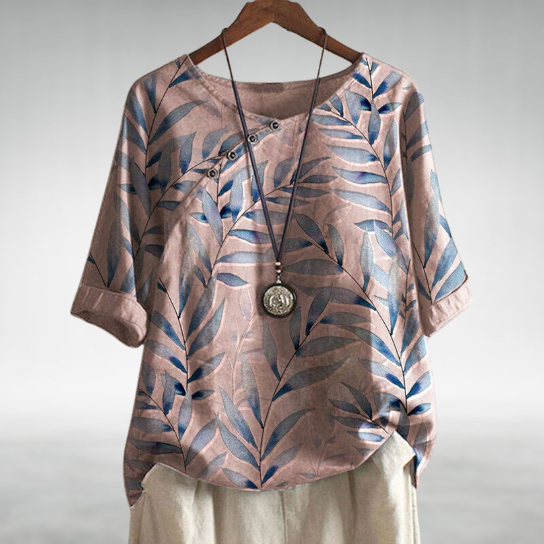 Liora - Women's Leaf-Print Blouse with Button Placket