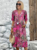 Lorelei - Women's Patterned V-Neck A-Line  Dress